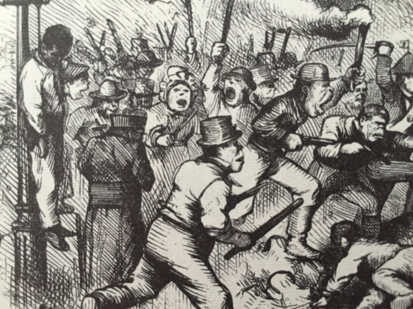 Detail of people Irish rioting. A black man hangs from a noose far left.