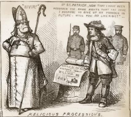 A Catholic bishop with hands on hips looks annoyed as Non-Catholic Irish insist on parade rights