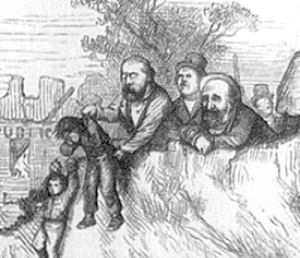 Detail from above, Tweed and his Ring cohorts lower a Protestant child to be ravaged by Catholic clergy