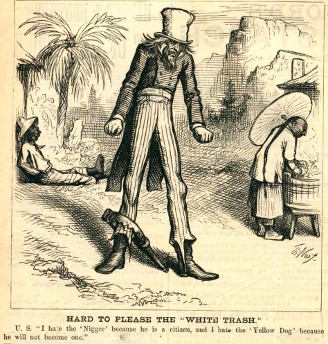 A vexed Uncle Sam stands alone as minorities stand behind him