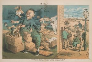 Satire cartoon of Chinese laborer working abnormally fast