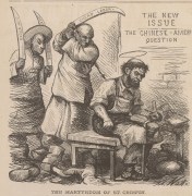 Two Chinese men raise swords behind an white shoemaker, as if to attack