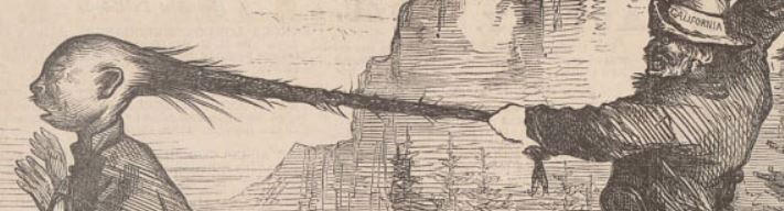 Chinese man tries to escape from an angry gruff Irish worker who is holding him by the queue like a leash