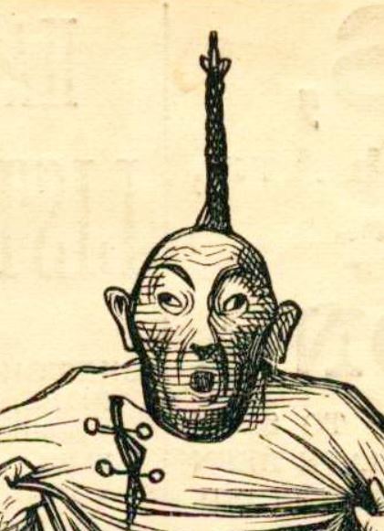 Close up of Chinese man being led away- his queue stands up like a cat’s tail