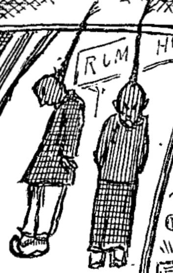 Small detail of two Chinese men being hung by their queue or hairbraids