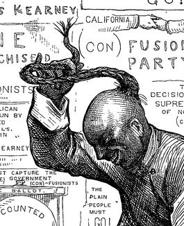 Chinese man defiantly flips his hair queue in the direction of Blaine, the politician, the equivalent of a middle finger