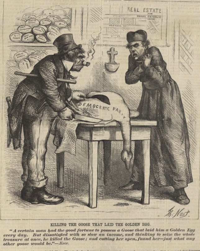 A gruff looking Irishman offers a greedy Catholic priest a goose labeled as the Democratic Party