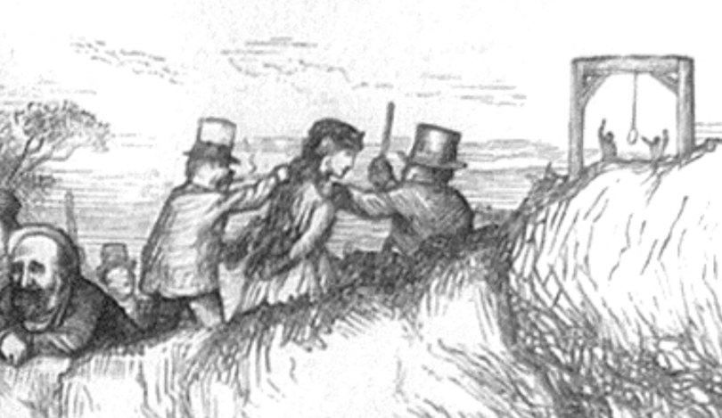 Black and white drawing of Columbia being escorted away to the gallows in the distance